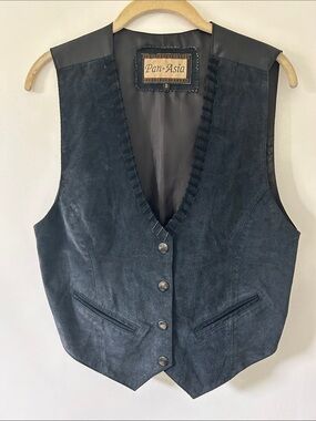 Vintage Pan Asia Women's Black Leather Suede Vest Sz S Western Festival Boho
